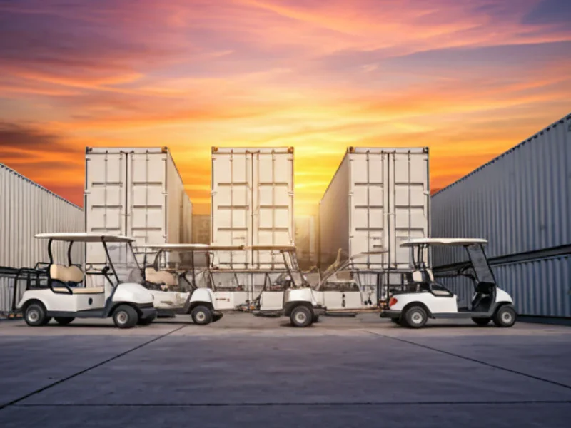 Row of Golf Carts infront of shipping containers